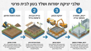 פועלי בניין יוצקים יסודות בטון בתהליך בניית שלד בית פרטי