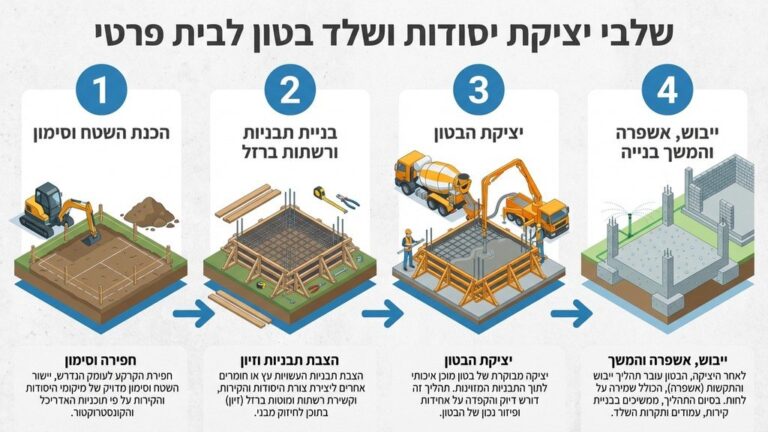 פועלי בניין יוצקים יסודות בטון בתהליך בניית שלד בית פרטי